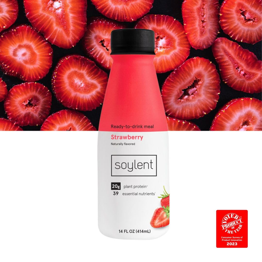 Soylent Strawberry Meal Replacement Shake, Ready-to-Drink Plant Based Protein Drink, Contains 20g Complete Vegan Protein and 1g Sugar, 14oz, 12 Pack