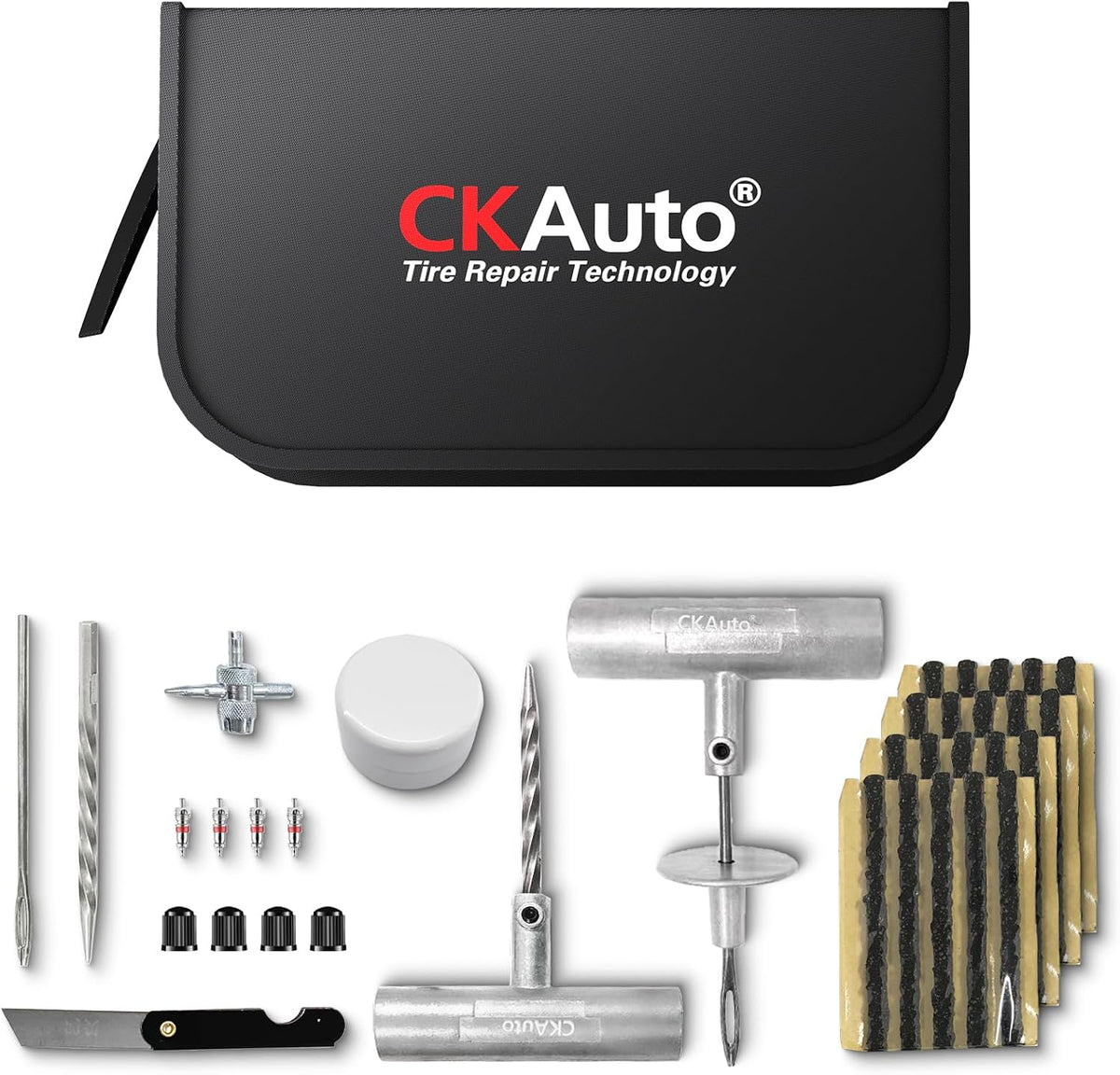 CKAuto 36 pcs Universal Tire Repair Kit with Plugs Heavy Duty Professional | for Flat Tire Puncture Repair, Value Pack, Tire Plug Kit for Cars, SUVs, Motorcycles, Trucks, RVs, and More