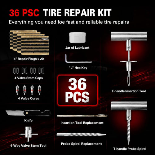 CKAuto 36 pcs Universal Tire Repair Kit with Plugs Heavy Duty Professional | for Flat Tire Puncture Repair, Value Pack, Tire Plug Kit for Cars, SUVs, Motorcycles, Trucks, RVs, and More