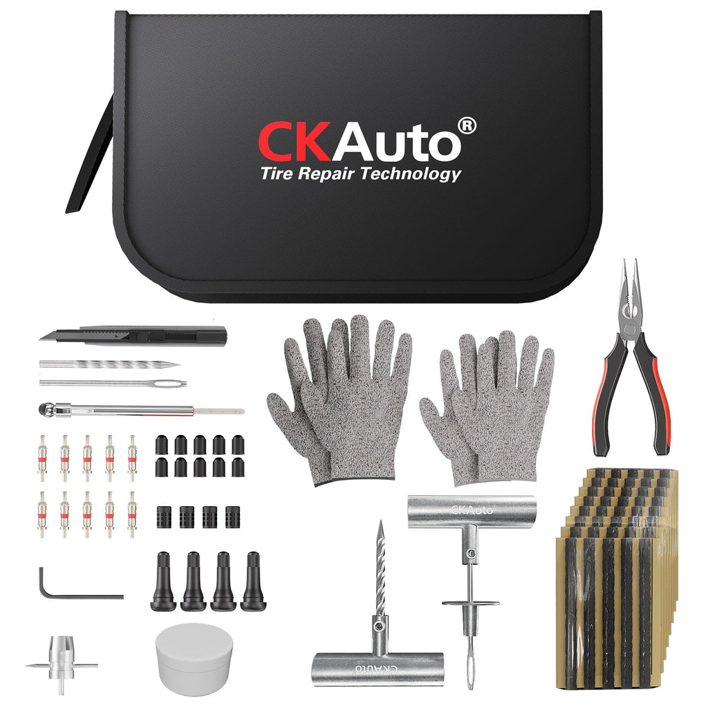 CKAuto 36 pcs Universal Tire Repair Kit with Plugs Heavy Duty Professional | for Flat Tire Puncture Repair, Value Pack, Tire Plug Kit for Cars, SUVs, Motorcycles, Trucks, RVs, and More