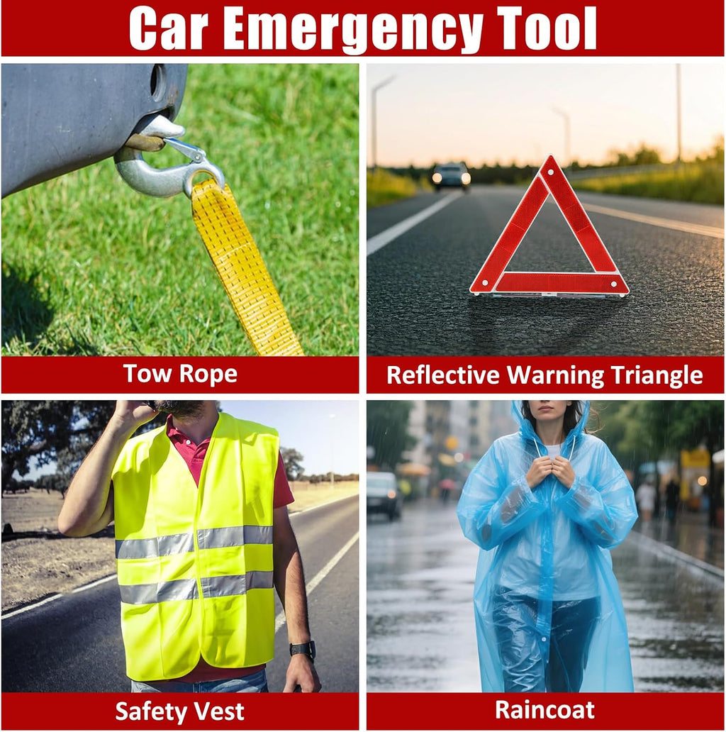 Car Roadside Emergency Kit, Car Safety Kit Portable Vehicle Kits for Emergency with Jumper Cables, Tow Straps, Safety Hammer, Black