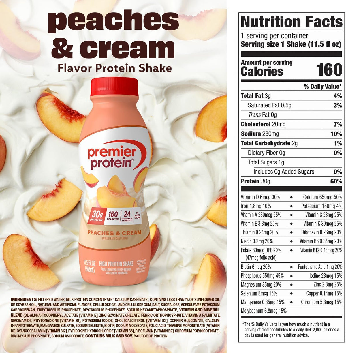 Premier Protein 30g High Protein Shake, Peaches & Cream, 12 Pack