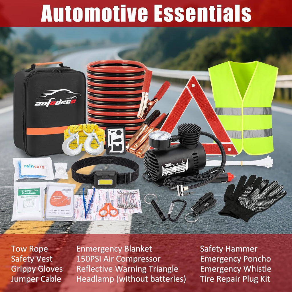 Car Roadside Emergency Kit, Car Safety Kit Portable Vehicle Kits for Emergency with Jumper Cables, Tow Straps, Safety Hammer, Black